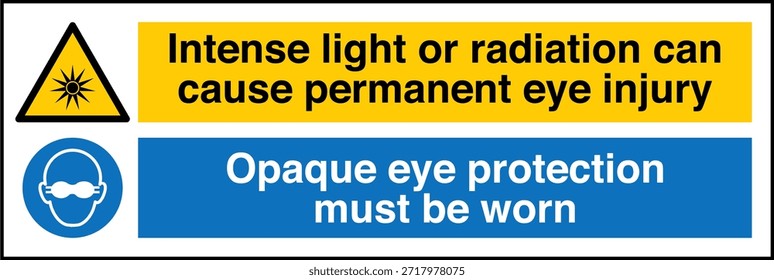 La Protección Ocular Opaca Debe Usarse Signo
La Luz Intensa o la Radiación Pueden Causar Lesión Ocular Permanente

Esta Imagen muestra un signo obligatorio de protección ocular diseñado para entornos industriales y profesionales en los que la exposición a la luz o la radiación de alta intensidad puede suponer un grave riesgo para la vista. El letrero indica claramente al personal que debe usar gafas protectoras opacas antes de entrar o trabajar en el área designada.

El mensaje es directo y fácil de entender, ya que ayuda a comunicar los requisitos del equipo de protección personal (EPP) en lugares donde hay peligros ópticos como láseres, arcos de soldadura, luz ultravioleta, fuentes infrarrojas o lámparas industriales brillantes. Una protección ocular adecuada ayuda a reducir el riesgo de quemaduras, daño retiniano y deterioro de la visión a largo plazo.
