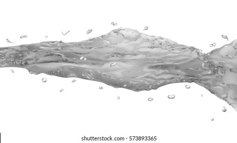 Opaque water jet with drops in gray colors, isolated on white background
