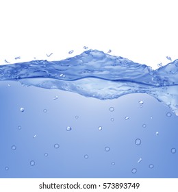 Opaque water wave with drops and bubbles in blue colors, isolated on white background