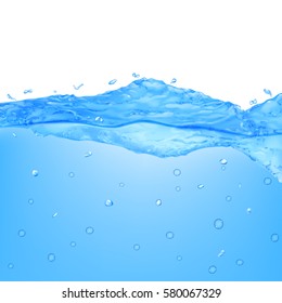 Opaque water wave with drops and bubbles in light blue colors, isolated on white background