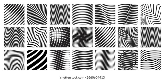 Op-art waves: a set of modern abstract geometric squares featuring dynamic wavy lines and grids. 