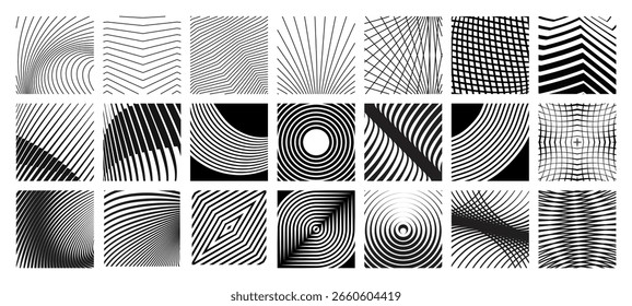Op-art waves: a set of modern abstract geometric squares featuring dynamic wavy lines and grids. 