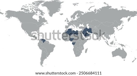 OPEC 12 countries in World map with Miller Cylindrical Projection