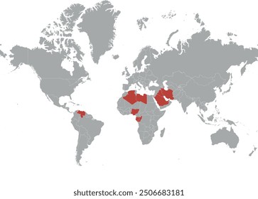 OPEC with 12 member countries in World map with WGS 1984 World Mercator Projection