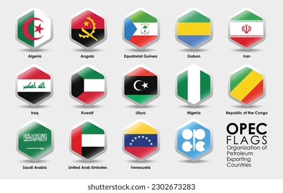 Países de la Opec. Las banderas optan por la organización de los países exportadores de petróleo. Diseño de forma hexagonal simple