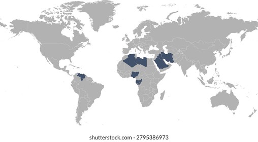 OPEC countries in World map with Miller Cylindrical projection 2026, with UAE (United Arab Emirates) exits OPEC
