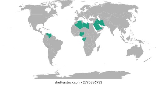 OPEC countries in World map with Robinson projection 2026, with UAE (United Arab Emirates) exits OPEC