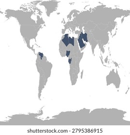 OPEC countries in World map with Sphere Equidistant Cylindrical Gall Peters projection 2026, with UAE (United Arab Emirates) exits OPEC