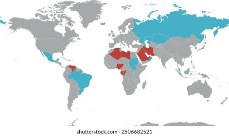 OPEC map (red) and OPEC+ (Turquoise) map countries in World Miller Cylindrical projection, OPEC has 12 member countries: five in the Middle East (West Asia), six in Africa, and one in South America