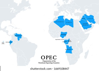 OPEC member states, political map. Organization of the Petroleum Exporting Countries, organization of 14 nations, giving a major influence on global oil price. English labeling. Illustration. Vector.