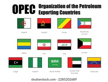 OPEC members countries flags with 13 members flags