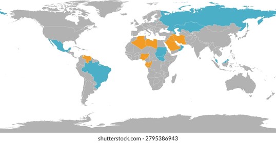 OPEC (orange) and OPEC+ map with countries in World Equidistant Cylindrical (Sphere) projection 2026, with UAE (United Arab Emirates) exits OPEC