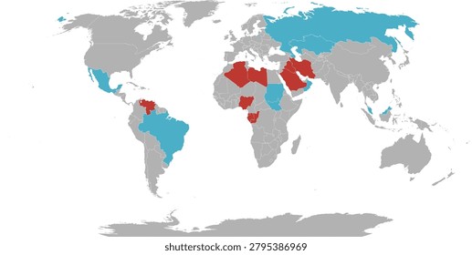OPEC (orange) and OPEC+ map with countries in World Robinson projection 2026, with UAE (United Arab Emirates) exits OPEC