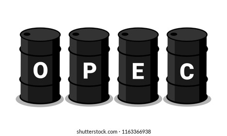 OPEC (Organization of the Petroleum Exporting Countries) - black barrels for oil. Cartel, deal and treaty between petroleum and petrol producer. Vector illustration