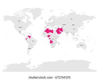 OPEC, Organization of the Petroleum Exporting Countries. World map with pink highlighted member states since 2017. Vector illustration.