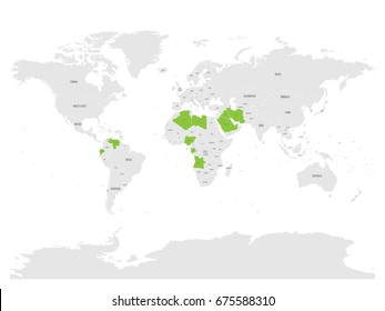 OPEC, Organization of the Petroleum Exporting Countries. World map with pink highlighted member states since 2017. Vector illustration.