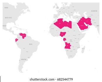 OPEC, Organization of the Petroleum Exporting Countries. World map with pink highlighted member states since 2017. Vector illustration.