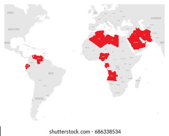 OPEC, Organization of the Petroleum Exporting Countries. World map with red highlighted member states since 2017. Vector illustration.