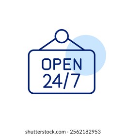 Open 24 7 hanging sign. Round the clock services and business. Pixel perfect, editable stroke icon