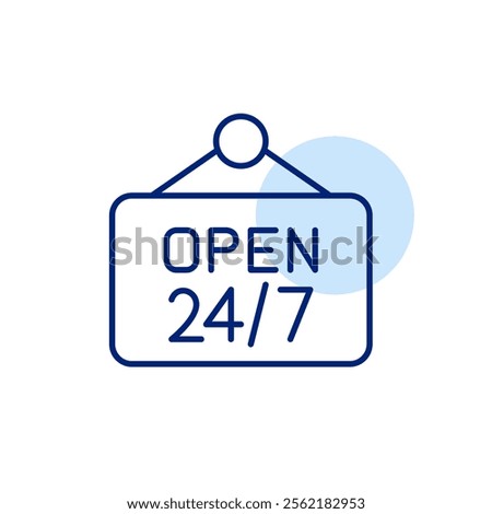 Open 24 7 hanging sign. Round the clock services and business. Pixel perfect, editable stroke icon