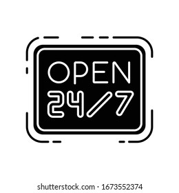 Abrir icono de glifo negro las 24 horas del día. Veinticuatro tiendas siete. Señal de venta al por menor colgando. Cartel para la tienda de 24 horas. Cartel para el supermercado. Símbolo de silueta en el espacio blanco. Ilustración aislada de vectores