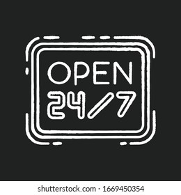 Open 24 7 hours chalk white icon on black background. Twenty four seven store. Hanging retail sign. Signage for 24 hrs shop. Supermarket signboard. Isolated vector chalkboard illustration