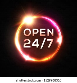 Open 24 7 hours Neon Sign. Retro glowing circle frame. Light round the clock store signboard on black brick wall background. Day-and-night club or bar shining banner. Bright color vector illustration.