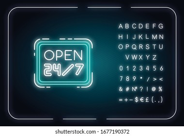 Open 24 7 hours neon light icon. Twenty four seven store. Hanging retail sign. 24 hrs shop. Outer glowing effect. Sign with alphabet, numbers and symbols. Vector isolated RGB color illustration