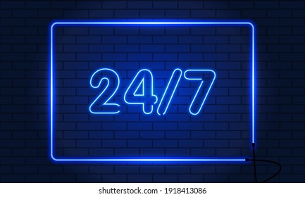 Open 24 to 7 Hours Neon Light on Brick Wall. Vector Illustration. 24 Hours Night Club. Bar Neon Sign. Blue. Vector
