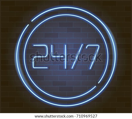 Open 24 7 Hours Neon Light on Brick Wall. 24 Hours Night Club Bar Neon Sign.