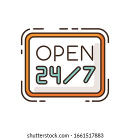 Open 24 7 hours RGB color icon. Twenty four seven store. Hanging retail sign. Signage for 24 hrs shop. Supermarket signboard. Highly available commerce. Isolated vector illustration
