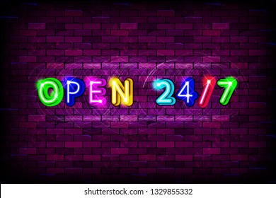 Open 24 7 hours sign on brick wall background. Realistic glowing neon inscription. Vector