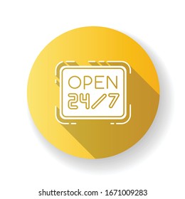 Abierto 24 7 horas de diseño plano amarillo, larga sombra icono de glifo. Veinticuatro tiendas siete. Señal de venta al por menor colgando. Cartel para el supermercado. Comercio muy disponible. Ilustración de color RGB de silueta