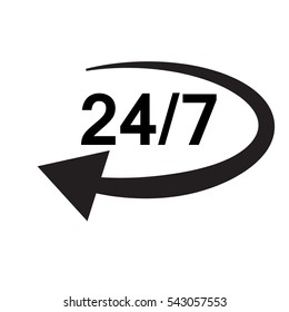 Open 24 7 icon with clock. Open 24 7 sign.