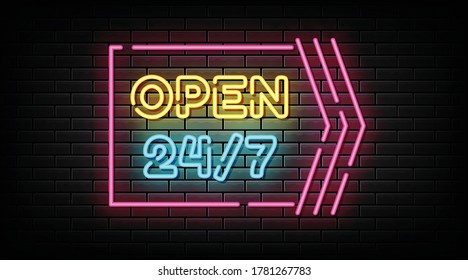 Open 24 / 7  neon sign, neon symbol