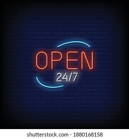 Open 24 7 Neon Signs Style Text Vector