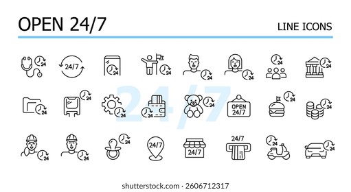 Open 24 7. Round the clock assistance, shopping and delivery. Vector icons set