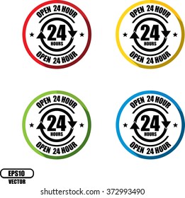 Open 24 hour, Button, label and sign - Vector illustration