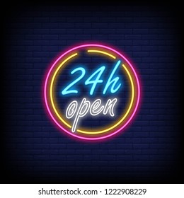 open 24 hour text neon sign and a brick wall background. vector illustration