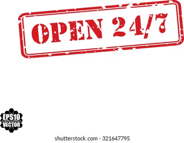 Open 24 Hours, Open 247 Red Grunge Rubber Stamp Concept On White Background. Vector illustration.