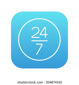 Open 24 hours and 7 days in wheek sign line icon for web, mobile and infographics. Vector white icon on the blue gradient square with rounded corners isolated on white background.