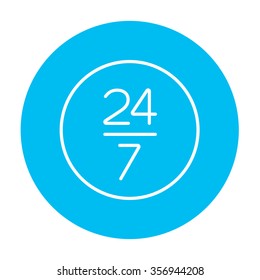 Open 24 hours and 7 days in wheek sign line icon for web, mobile and infographics. Vector white icon on the light blue circle isolated on white background.