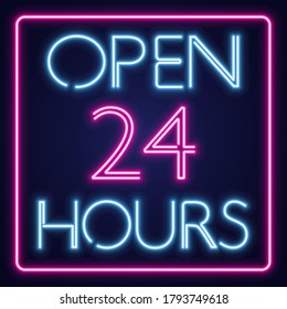 Open 24 hours classic neon sign. Night store glowing letters. (transparent elements) Vector Illustration.