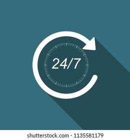 Open 24 hours a day and 7 days a week icon isolated with long shadow. All day cyclic icon. Flat design. Vector Illustration