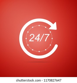 Open 24 hours a day and 7 days a week icon isolated on red background. All day cyclic icon. Flat design. Vector Illustration