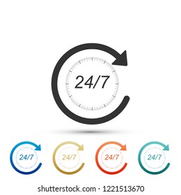 Open 24 hours a day and 7 days a week icon isolated on white background. All day cyclic icon. Set elements in colored icons. Flat design. Vector Illustration