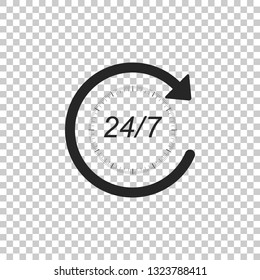 Open 24 hours a day and 7 days a week icon isolated on transparent background. All day cyclic icon. Flat design. Vector Illustration