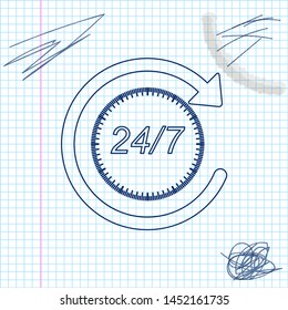 Open 24 hours a day and 7 days a week line sketch icon isolated on white background. All day cyclic icon. Vector Illustration