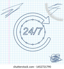 Open 24 hours a day and 7 days a week line sketch icon isolated on white background. All day cyclic icon. Vector Illustration