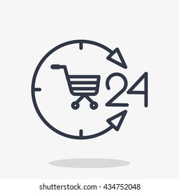 Open 24 hours a day icons. 24hr services. Sign around-the-clock. Lines icon. Objects isolated on background. Flat and cartoon vector illustration.